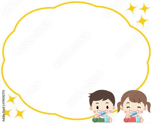 歯みがきをする子供たちと吹き出しのフレームイラスト
