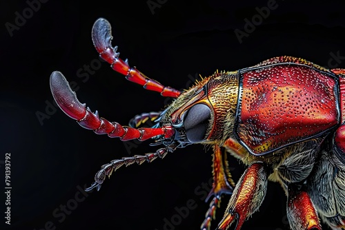 A close up photograph of a red & gold coloured Stag beetle on black background