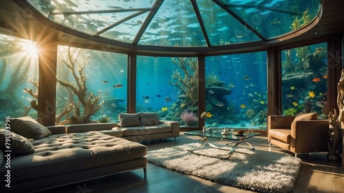 A living room with a large aquarium in the middle. Generative AI. photo