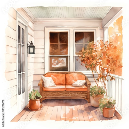 Sofa on the terrace of the house. Watercolor illustration