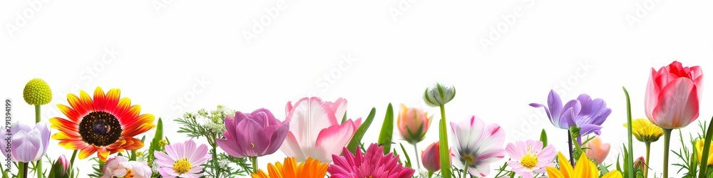 Assorted Pressed Flowers and Leaves Arranged on White Background. Flat lay view of colorful flowers and green leaves artistically arranged on a clean white background, perfect for crafting and decor.