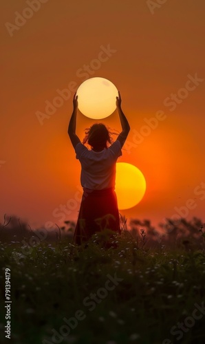 A person holding a ball in the air at sunset. Generative AI.