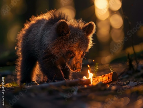 A small bear cub walking around a campfire with logs. Generative AI.