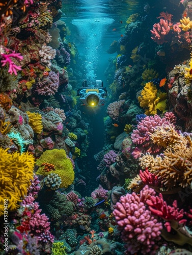 A diver is swimming through a coral reef filled with colorful fish. Generative AI.