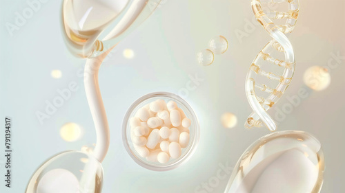 Ethereal visual of collagen supplements with a golden DNA helix, representing health and beauty in a soft blue glowing ambiance © Binary Studio