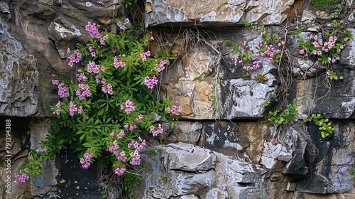 delicate blooming flowers growing on rocky cliffs