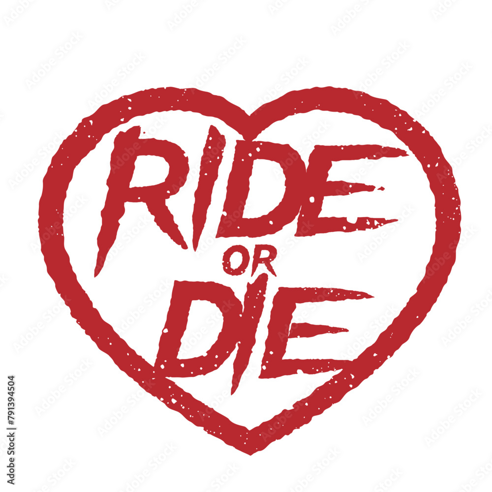 Vector red scratched and distorted RIDE OR DIE text in heart. Isolated on white background Vector red scratched and distorted RIDE OR DIE text in heart. Isolated on white background