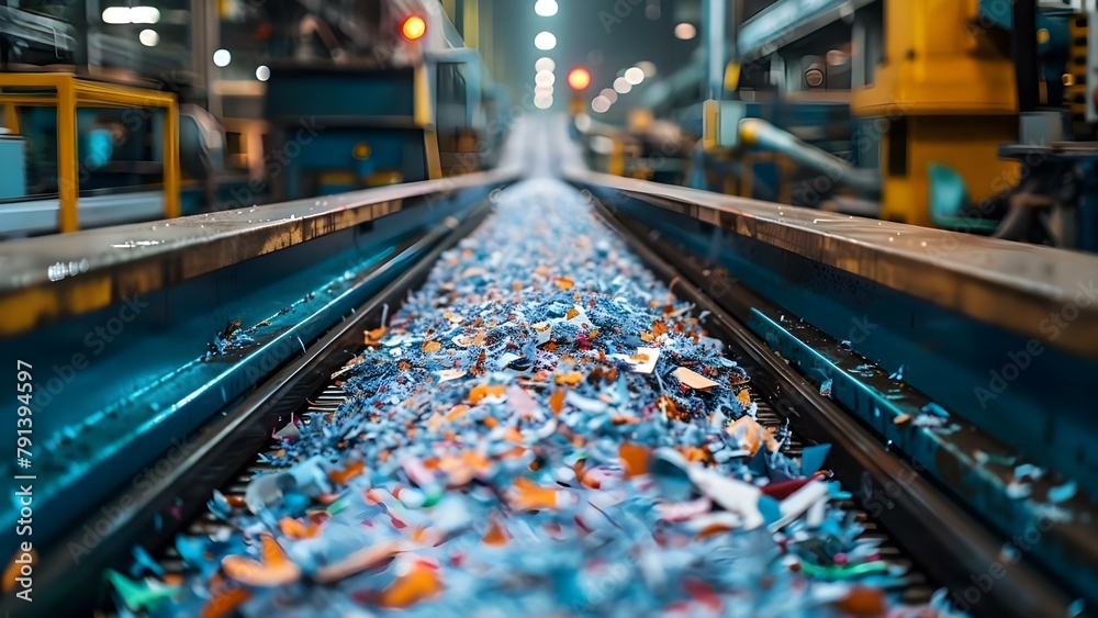 Conveyor belt with shredded paper showcasing document destruction recycling or office operations. Concept Document Destruction, Recycling, Office Operations, Shredded Paper, Conveyor Belt