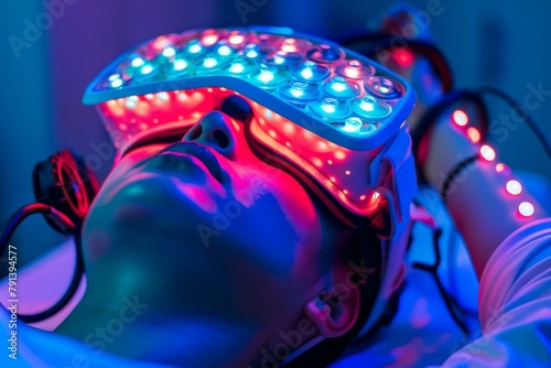 A person laying down with a lighted headband on their face. Generative AI.