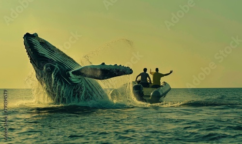 A group of people in a boat watching as the whale spits water. Generative AI. photo