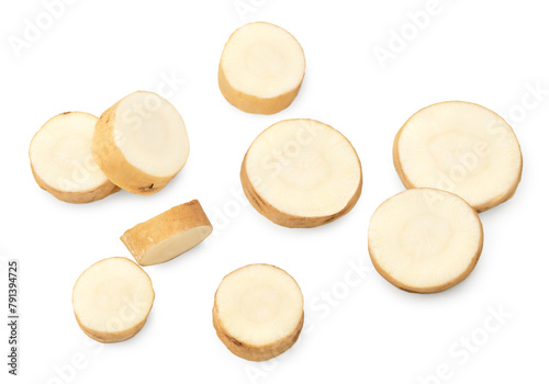 sliced parsnip root isolated on white background. clipping path