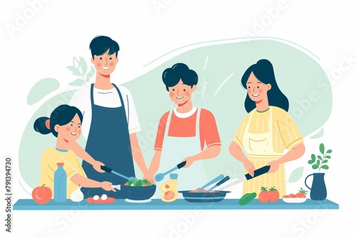 Illustration of a cheerful family engaged in cooking a meal together in a home kitchen setting