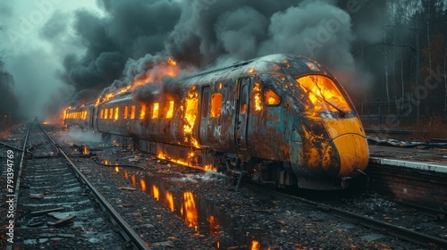 Passenger train engulfed in flames at railway station with billowing smoke photo