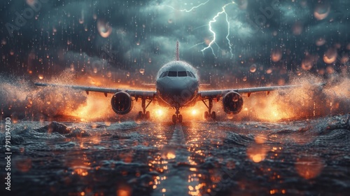 The runway scene is intensified by lightning striking in the background as a plane sits on the tarmac. photo