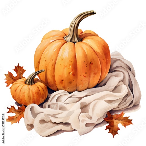 Pumpkin with autumn leaves. Watercolor illustration isolated on white background photo