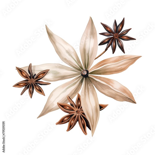 Hand drawn watercolor illustration of star anise. Isolated on white background.