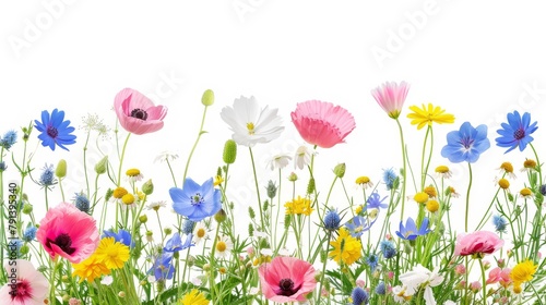 Assorted Pressed Flowers and Leaves Arranged on White Background. Flat lay view of colorful flowers and green leaves artistically arranged on a clean white background, perfect for crafting and decor.