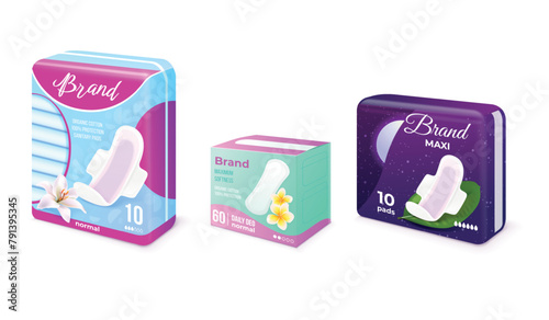 Feminine pads pack. Realistic sanitary pads packaging box advertising mockup, woman pad with wings clean cotton napkin women hygiene product female brand, exact vector illustration © ssstocker