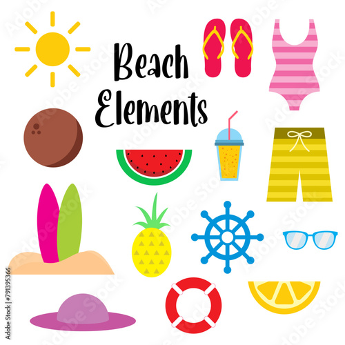 Beach Summer elements, travel, beach, summer time accessory. Beach icon elements vector illustration set  isolated in white background design.