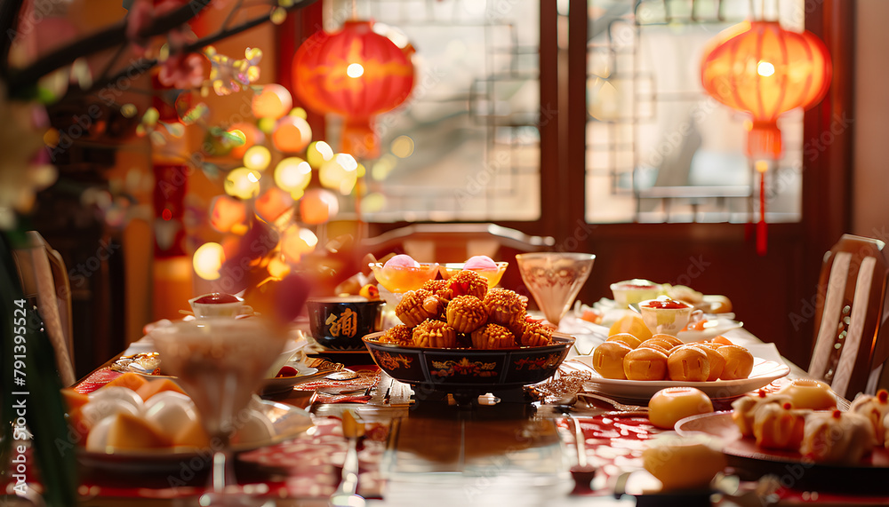 Festive table served for Chinese New Year celebration in dining room