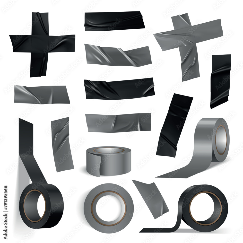 Insulating tape. Insulation duct roll gray black ripped glossy tapes