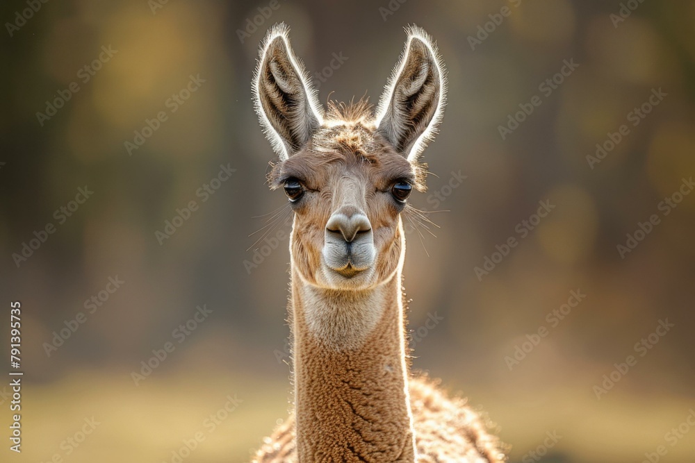 Fototapeta premium A close up of a llama looking straight ahead with its ears back. AI.
