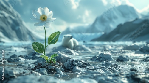 A solitary flower stands resilient among rocks with a majestic snowy landscape and polar bear afar photo