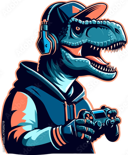 Dinosaur as Gamer, Cute Character Mascot Logo Design Concept, Wearing Headphones and Hold Game Controller, Cartoon Clipart Vector illustration concept style for badge sport and esport team.