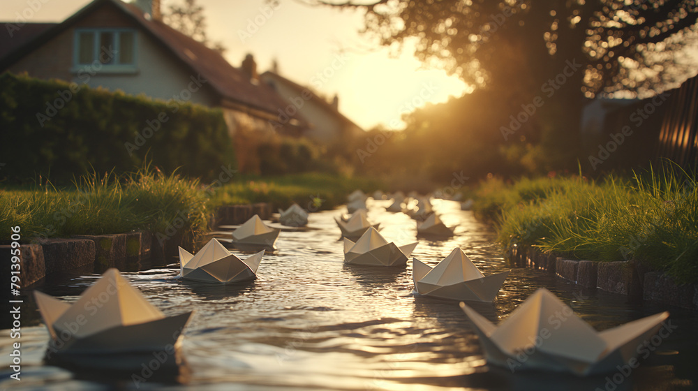 Paper Boats Serenely Floating on a Water Channel at Sunset, Evoking Nostalgia