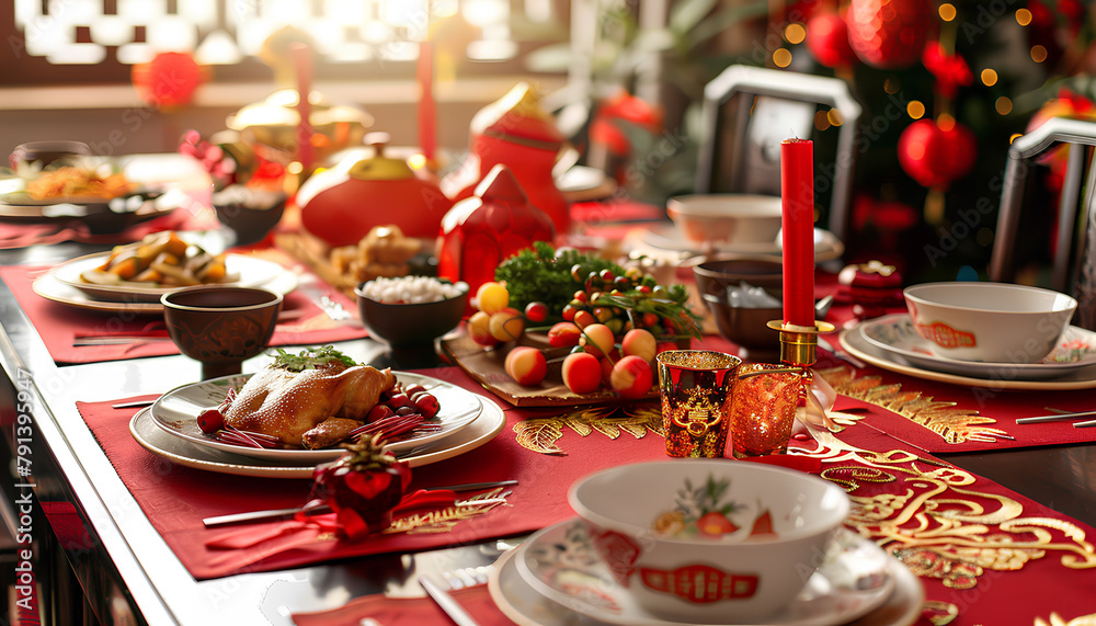 Fototapeta premium Festive table served for Chinese New Year celebration in dining room