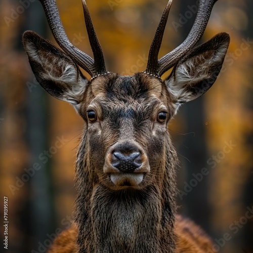 Close-up portrait of a red deer in the autumn forest