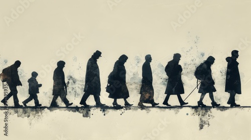 Silhouettes of a group of people of various ages walking in a line with a watercolor effect