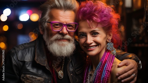 Generational Diversity: Punk Elderly Man and Youthful Woman with Vibrant Hair