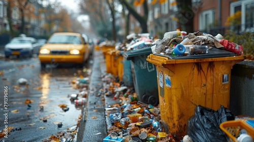 Wallpaper Mural A city street crowded with trash bags and debris strewn around, with a bright yellow car parked among the litter Torontodigital.ca