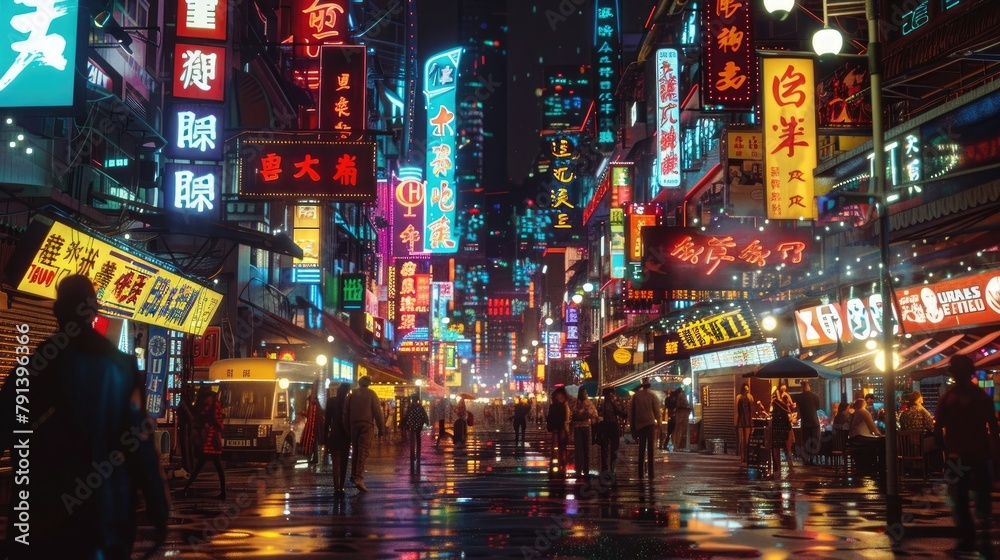 A vibrant cityscape illuminated by neon lights and bustling with nightlife, with crowds of people dining, dancing, and enjoying entertainment amidst the glowing signs and bustling streets.