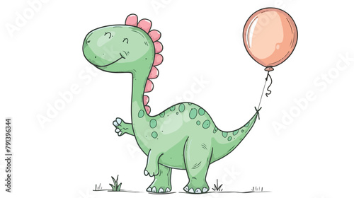 Dinosaur holding a balloon - green dinosaur Hand drawn