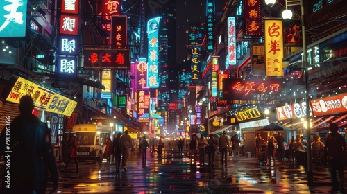 A vibrant cityscape illuminated by neon lights and bustling with nightlife  with crowds of people dining  dancing  and enjoying entertainment amidst the glowing signs and bustling streets.