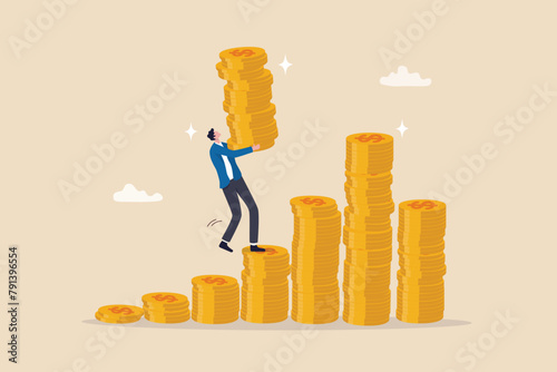Investment growth compound interest, capital gain profit or wealth accumulation, increase pension fund or revenue, financial success, increase deposit value concept, businessman increase money stack. © Nuthawut