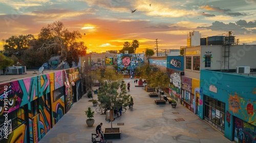 A vibrant cultural district with colorful murals, eclectic shops, and street performers showcasing  photo