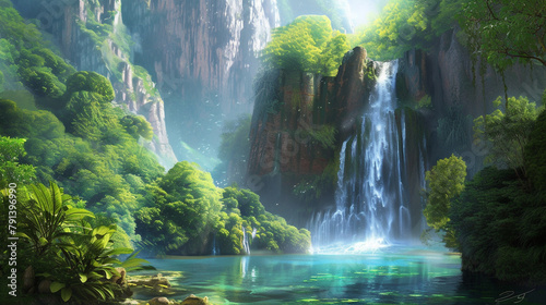 A majestic waterfall plunging into a tranquil pool below  surrounded by lush greenery.