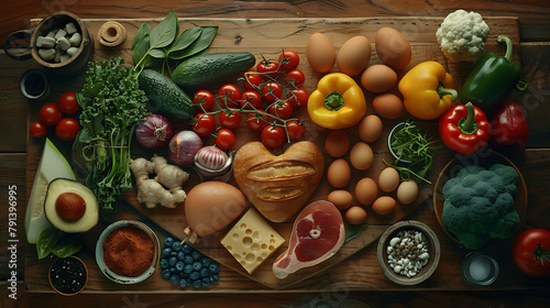 Healthy food in heart and cholesterol diet concept on vintage boards, hyperrealistic food photography
