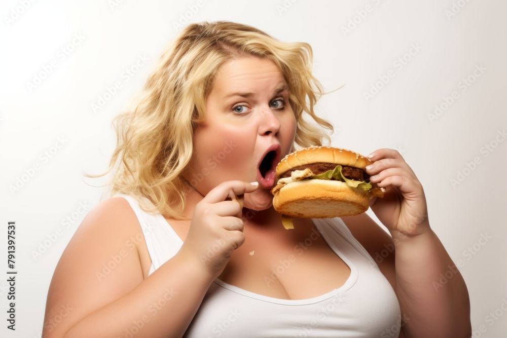 Shocked overweight woman with burger, white tank top, wide eyes. Shocked overweight woman with burger, white tank top, wide eyes.