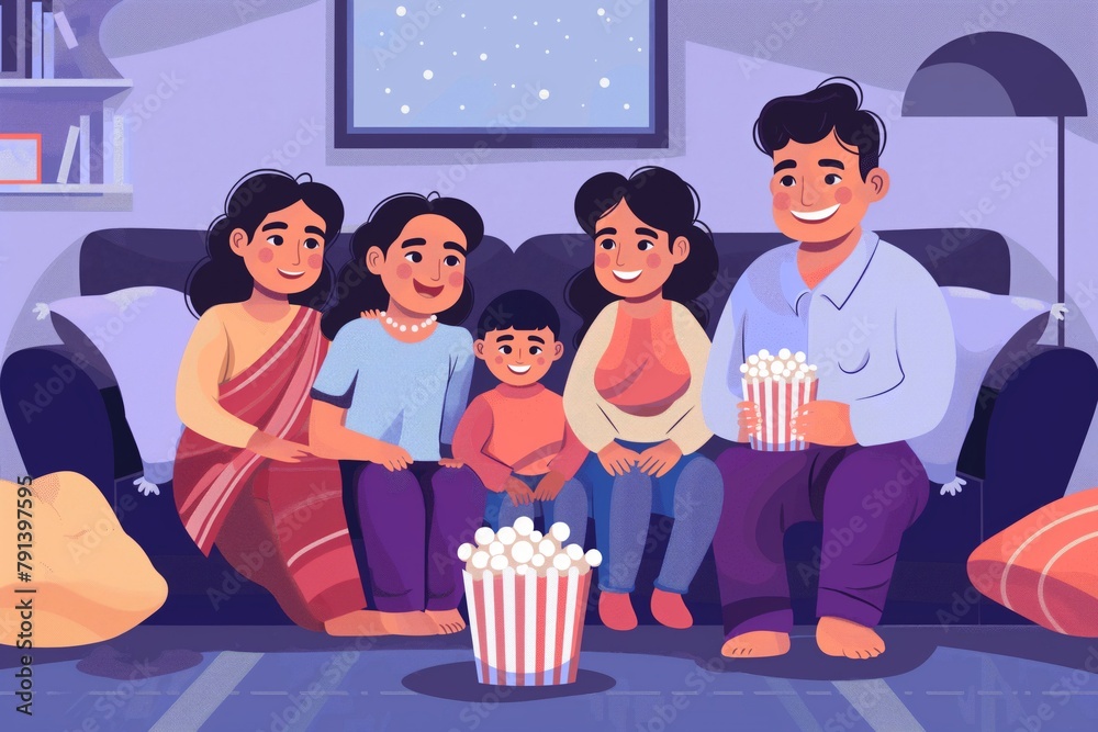 Illustration of a cheerful Indian family sitting on a couch, having a movie marathon with popcorn