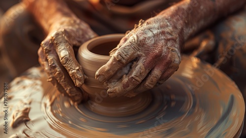 Close perspective on potter's hands as they smooth a clay ball on a turning wheel, focus on tactile interaction and artistic detail