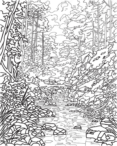 Landscape with river and forest. Coloring book