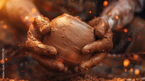 Close-up, potter's hands forming a perfect clay ball, dynamic motion blur, emphasizes craftsmanship and artistry in pottery