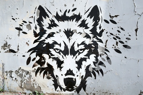 Painted face of a wolf on the wall of an abandoned building