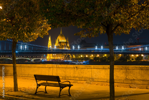 Budapest night view with a bench