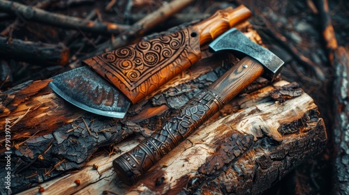 Close-up on a professional saw and an axe with intricate designs on their handles, essential tools for outdoor adventures