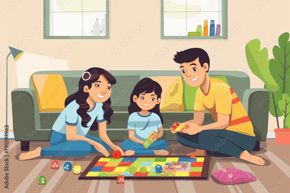Bright and cheerful illustration of an Indian family playing board games in their cozy living room Bright and cheerful illustration of an Indian family playing board games in their cozy living room
